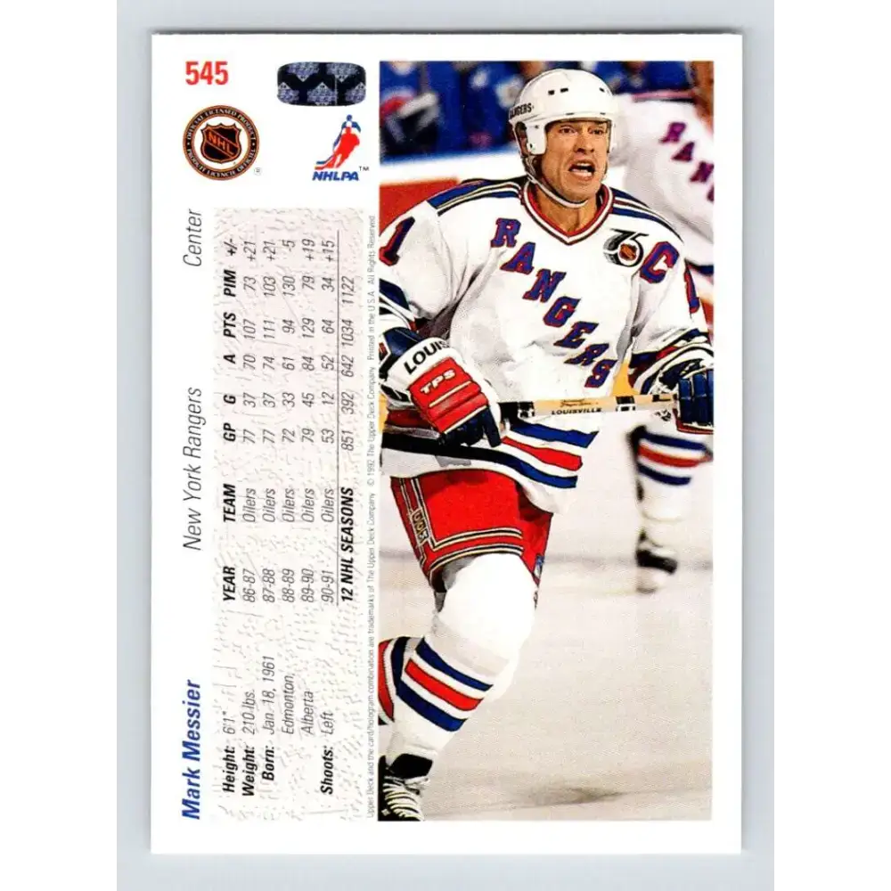 1991-92 Upper Deck #545 Mark Messier NM-MT New York Rangers Hockey Card - Hockey Card Single