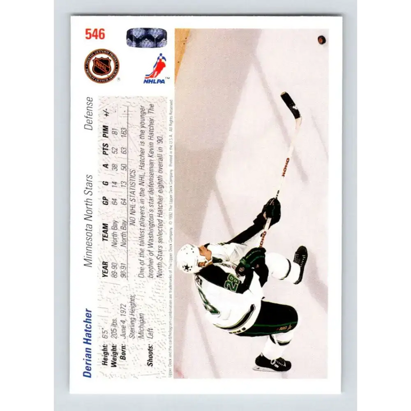 1991-92 Upper Deck #546 Derian Hatcher NM-MT Minnesota North Stars Hockey Card - Hockey Card Single