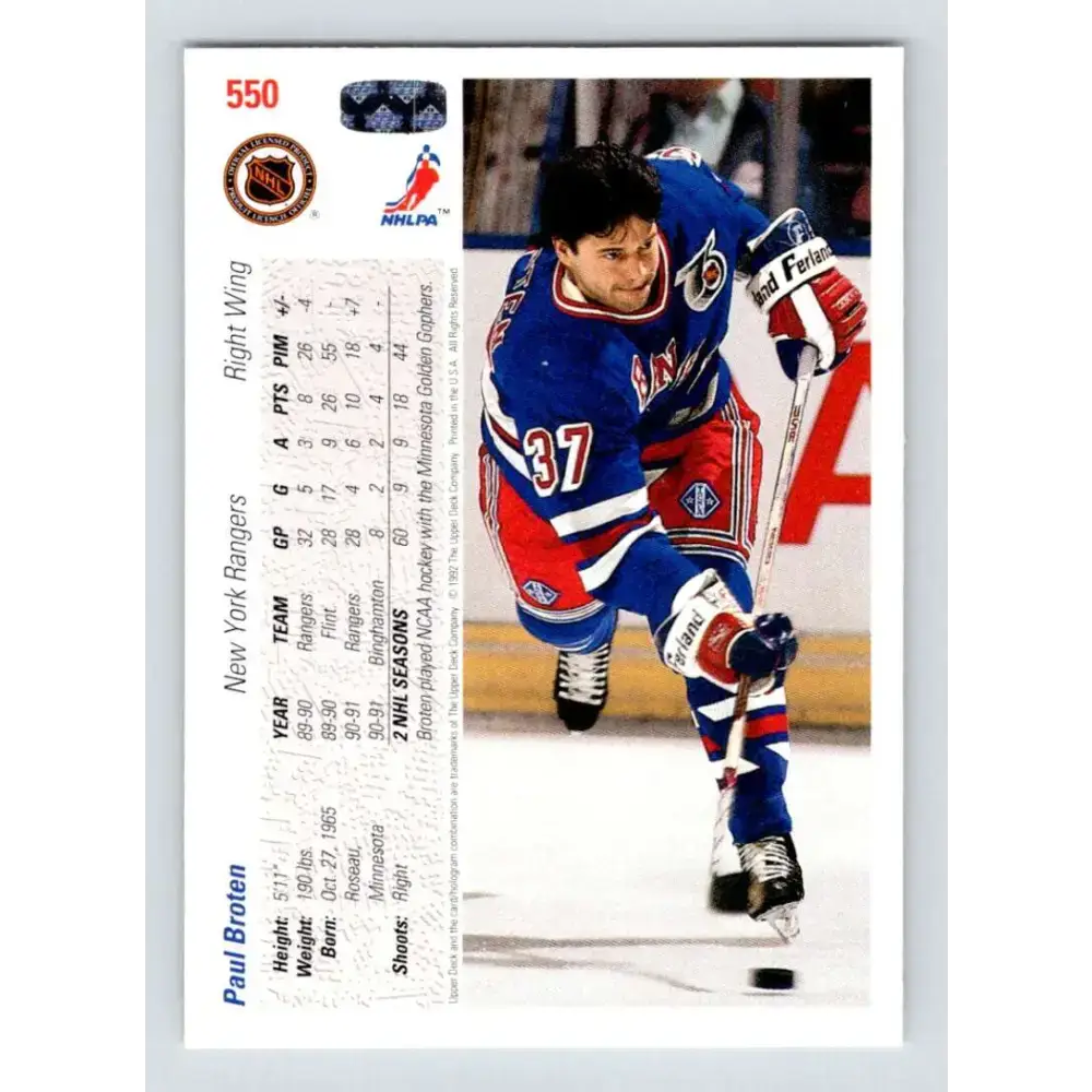 1991-92 Upper Deck #550 Paul Broten NM-MT New York Rangers Hockey Card - Hockey Card Single