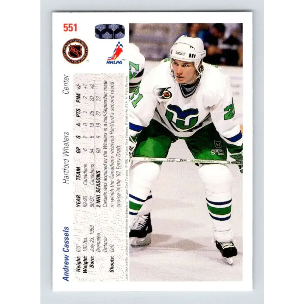 1991-92 Upper Deck #551 Andrew Cassels NM-MT Hartford Whalers Hockey Card - Hockey Card Single