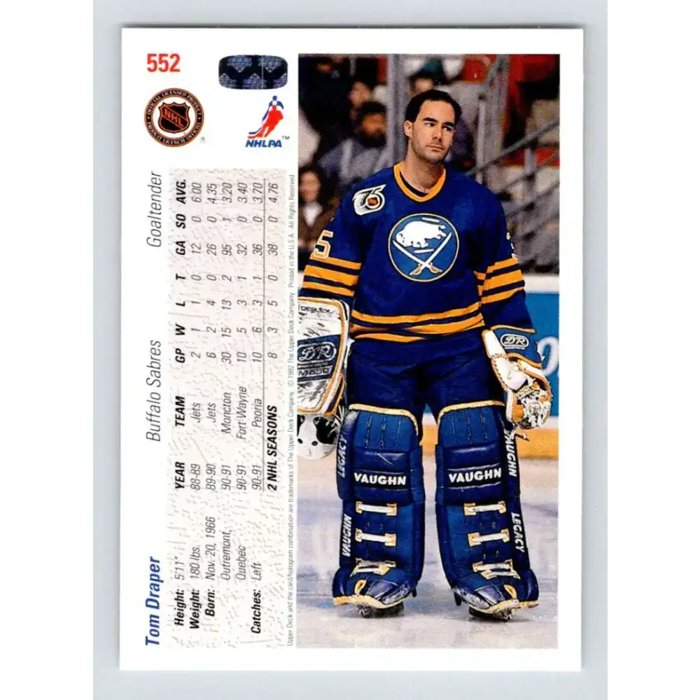1991-92 Upper Deck #552 Tom Draper NM-MT RC Rookie Buffalo Sabres Hockey Card - Hockey Card Single