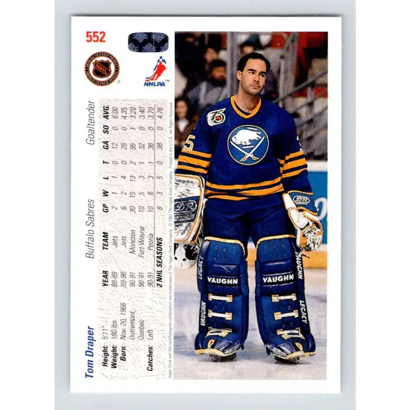 1991-92 Upper Deck #552 Tom Draper NM-MT RC Rookie Buffalo Sabres Hockey Card - Hockey Card Single