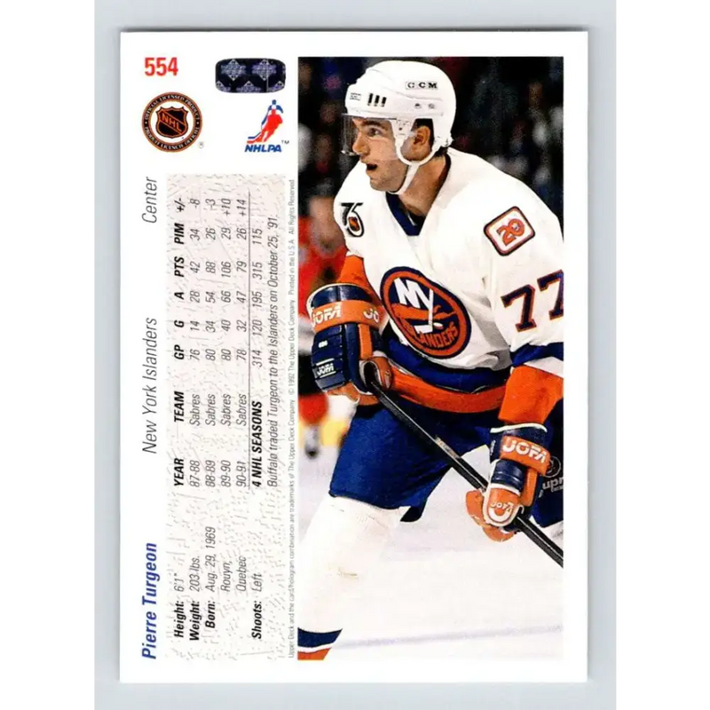 1991-92 Upper Deck #554 Pierre Turgeon NM-MT New York Islanders Hockey Card - Hockey Card Single