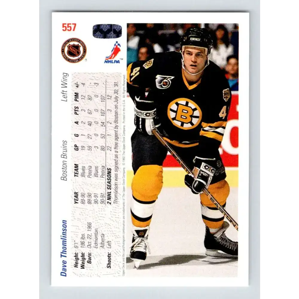 1991-92 Upper Deck #557 Dave Thomlinson NM-MT Boston Bruins Hockey Card - Hockey Card Single