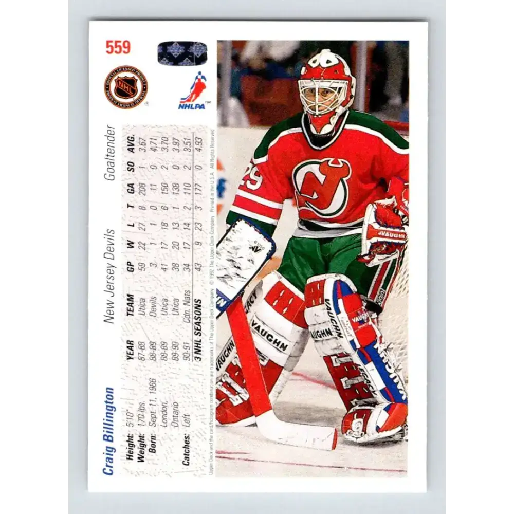 1991-92 Upper Deck #559 Craig Billington NM-MT RC Rookie New Jersey Devils Hockey Card - Hockey Card Single