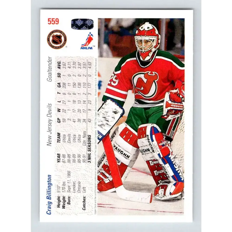1991-92 Upper Deck #559 Craig Billington NM-MT RC Rookie New Jersey Devils Hockey Card - Hockey Card Single