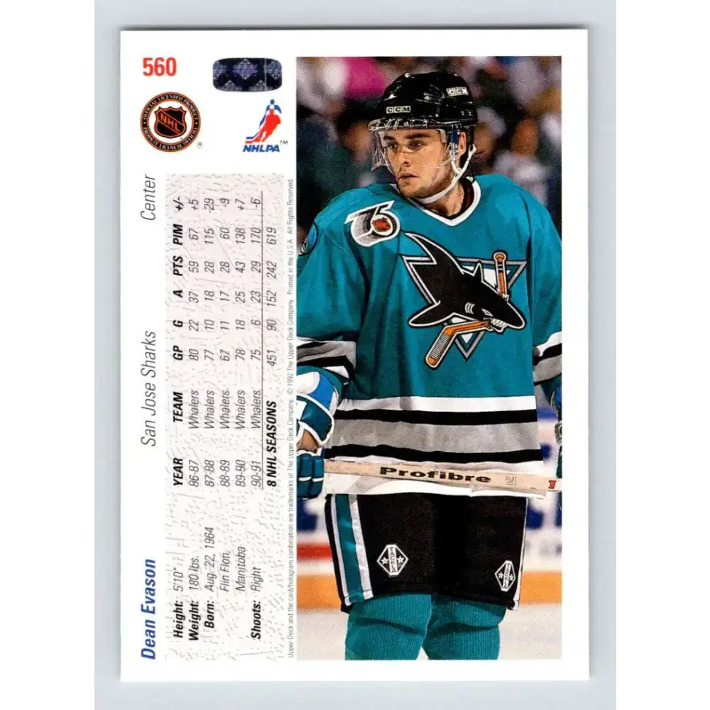 1991-92 Upper Deck #560 Dean Evason NM-MT San Jose Sharks Hockey Card - Hockey Card Single