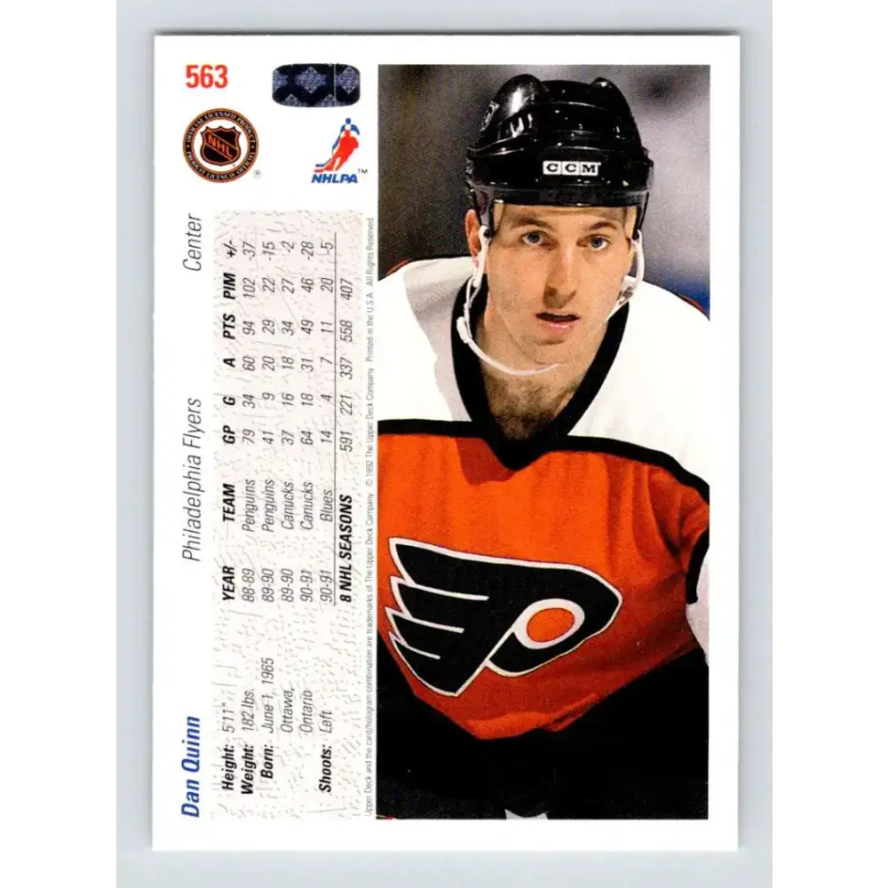 1991-92 Upper Deck #563 Dan Quinn NM-MT Philadelphia Flyers Hockey Card - Hockey Card Single