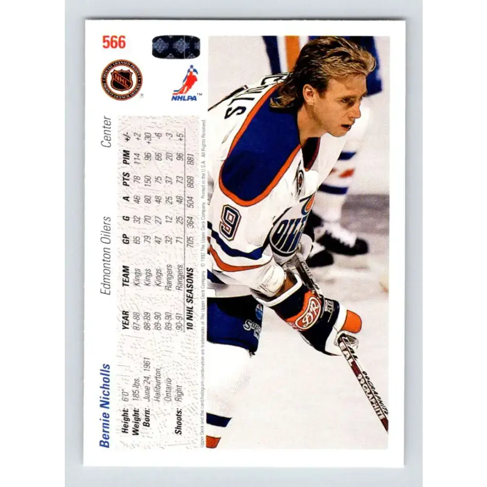 1991-92 Upper Deck #566 Bernie Nicholls NM-MT Edmonton Oilers Hockey Card - Hockey Card Single