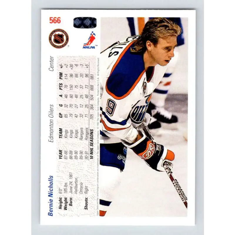 1991-92 Upper Deck #566 Bernie Nicholls NM-MT Edmonton Oilers Hockey Card - Hockey Card Single