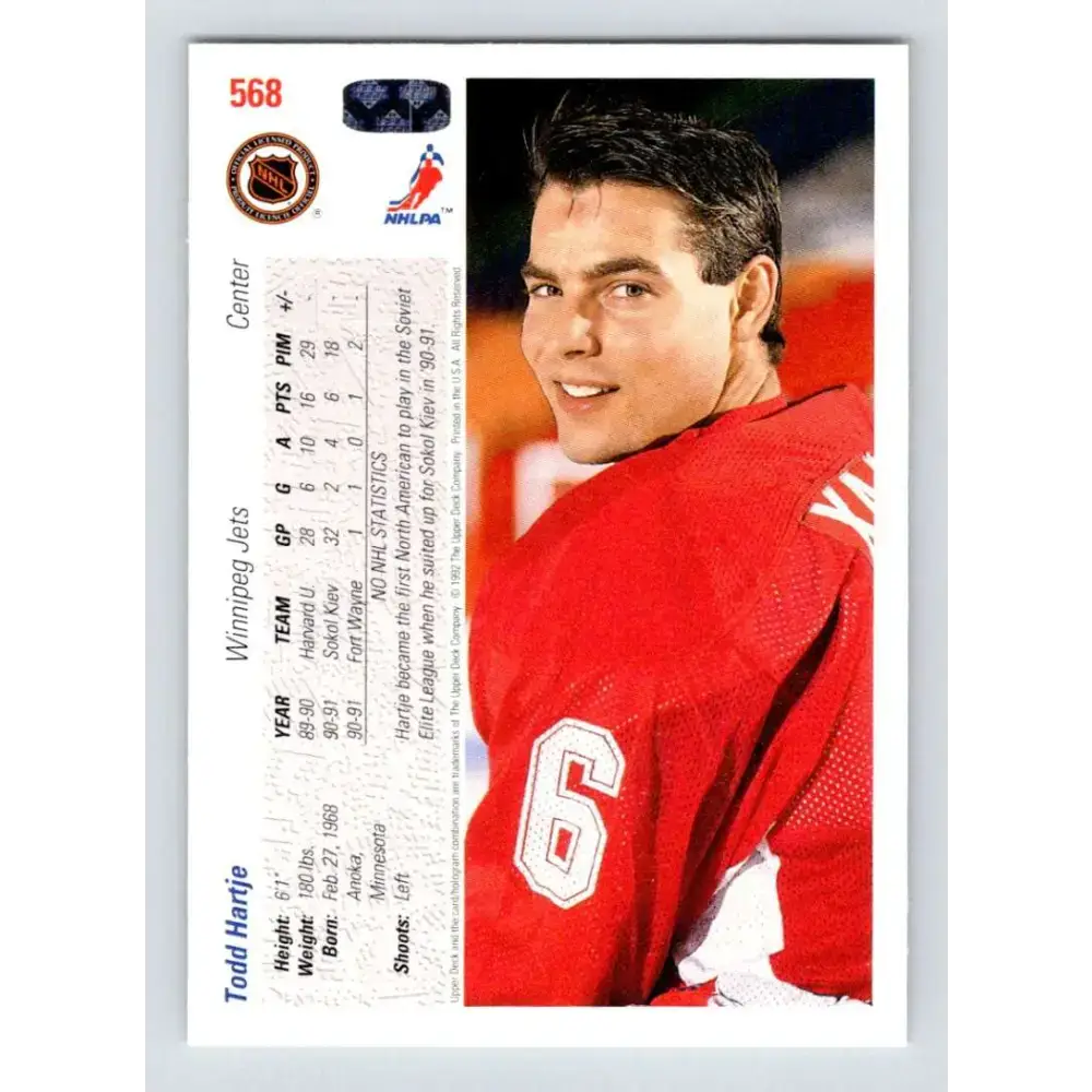 1991-92 Upper Deck #568 Todd Hartje NM-MT RC Rookie Winnipeg Jets Hockey Card - Hockey Card Single