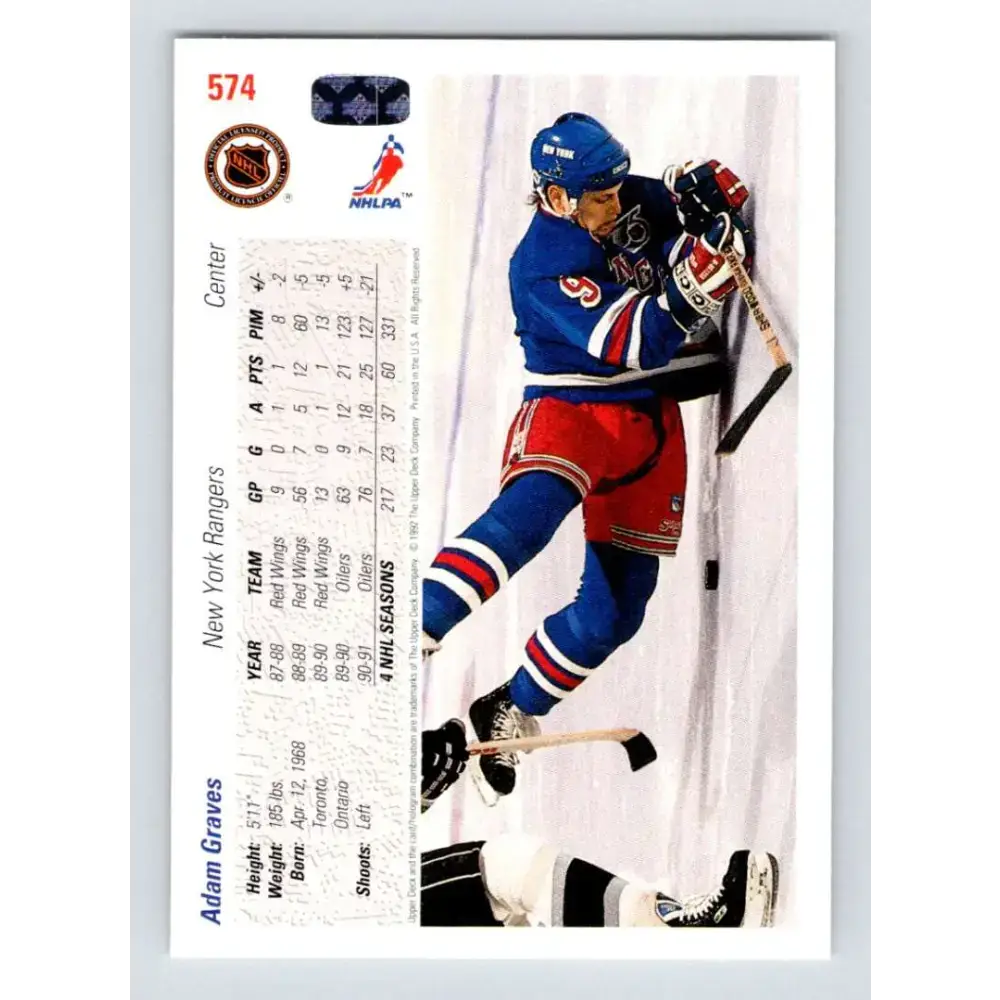 1991-92 Upper Deck #574 Adam Graves NM-MT New York Rangers Hockey Card - Hockey Card Single