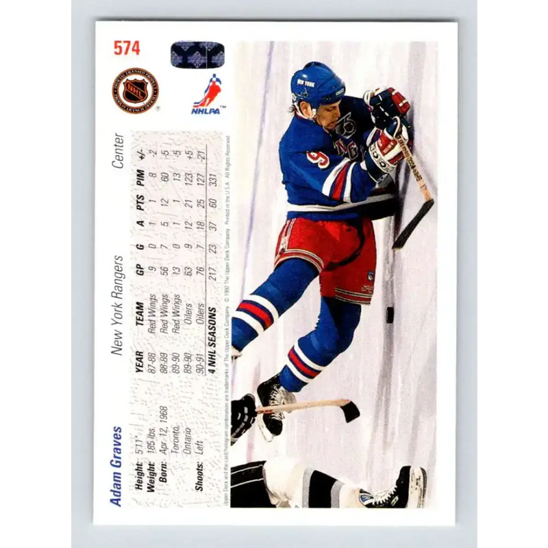 1991-92 Upper Deck #574 Adam Graves NM-MT New York Rangers Hockey Card - Hockey Card Single