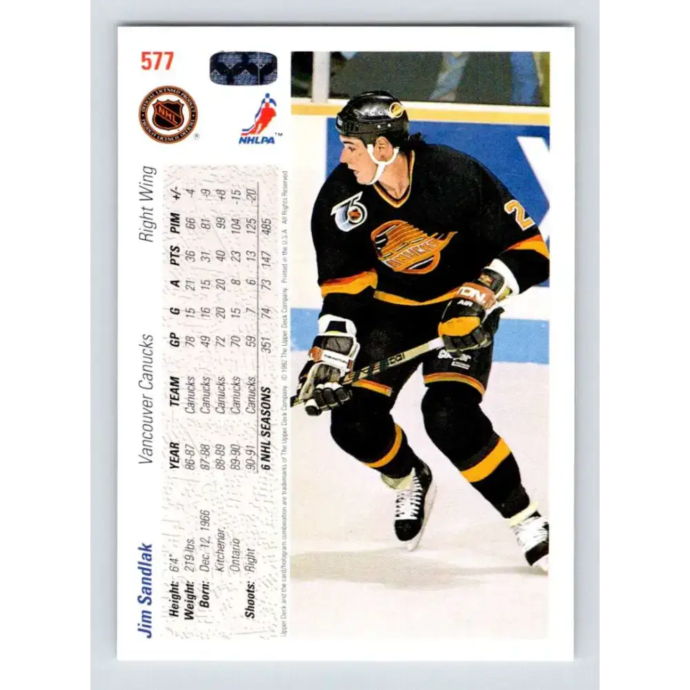 1991-92 Upper Deck #577 Jim Sandlak NM-MT Vancouver Canucks Hockey Card - Hockey Card Single
