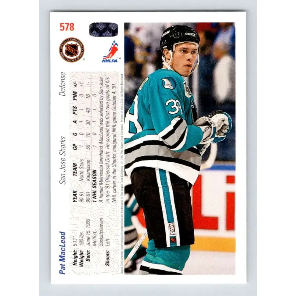 1991-92 Upper Deck #578 Pat MacLeod NM-MT RC Rookie San Jose Sharks Hockey Card - Hockey Card Single