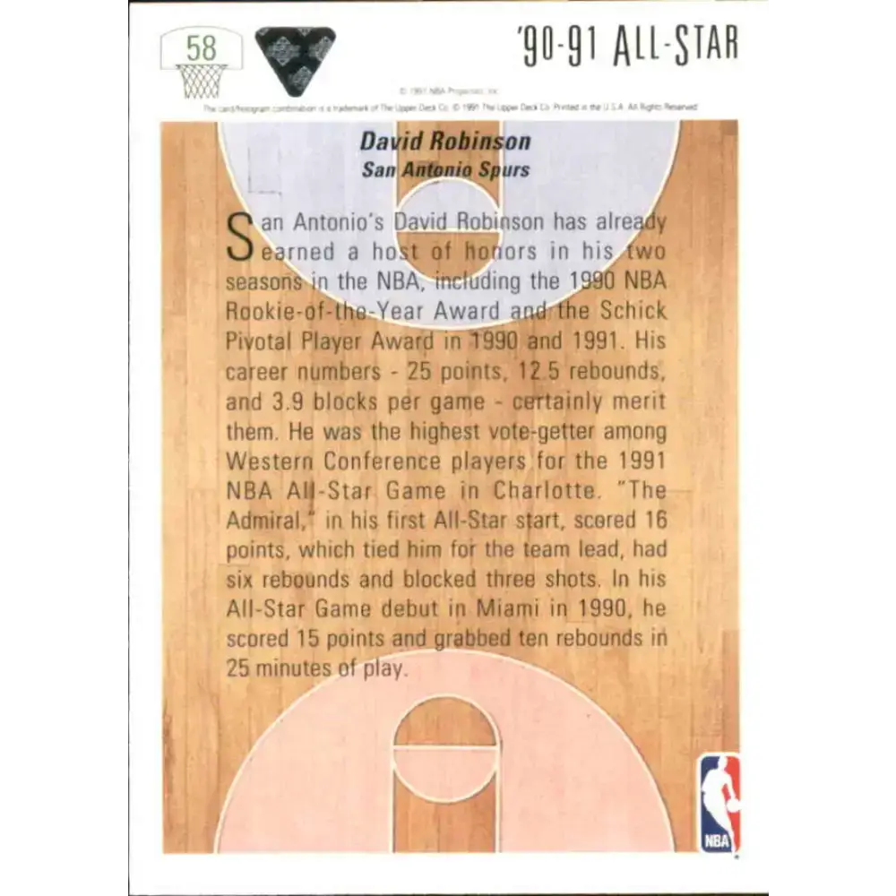1991-92 Upper Deck #58 David Robinson AS NM-MT San Antonio Spurs Basketball Card - Basketball Card Single