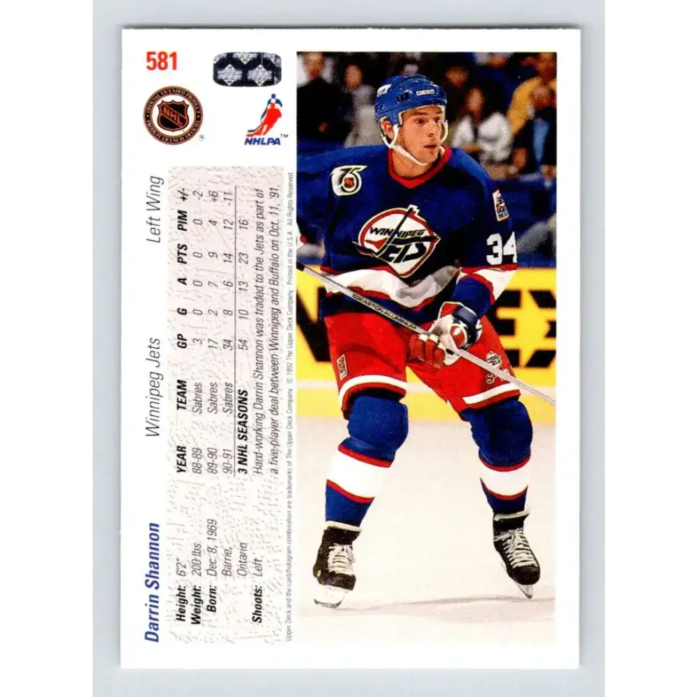1991-92 Upper Deck #581 Darrin Shannon NM-MT Winnipeg Jets Hockey Card