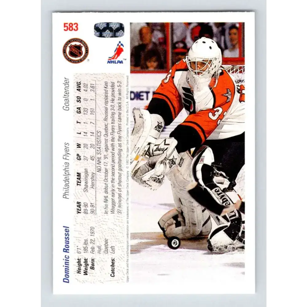 1991-92 Upper Deck #583 Dominic Roussel NM-MT RC Rookie Philadelphia Flyers Hockey Card - Hockey Card Single