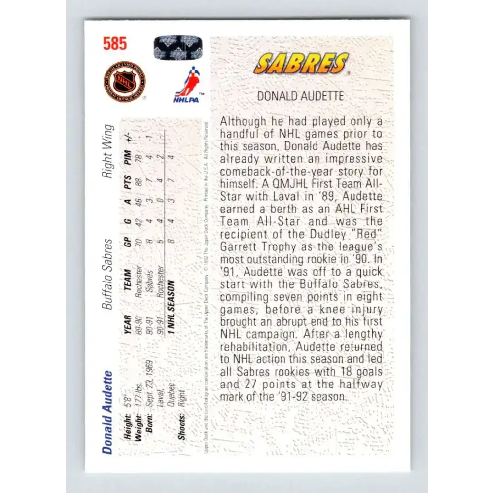 1991-92 Upper Deck #585 Donald Audette NM-MT Buffalo Sabres Hockey Card - Hockey Card Single