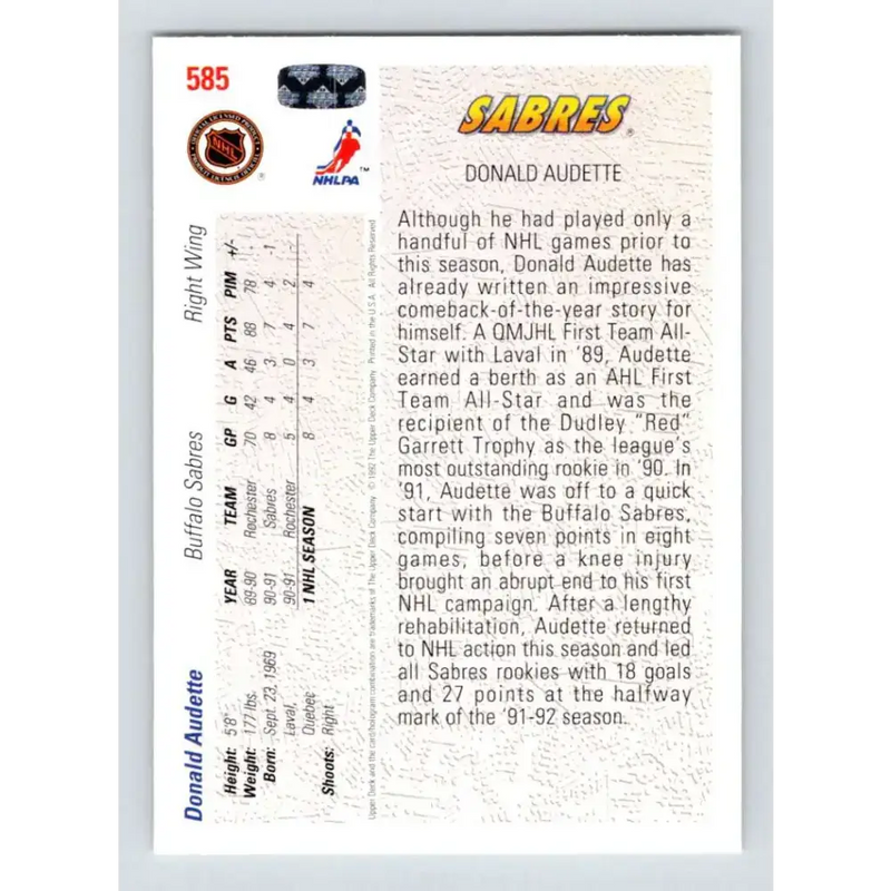 1991-92 Upper Deck #585 Donald Audette NM-MT Buffalo Sabres Hockey Card - Hockey Card Single