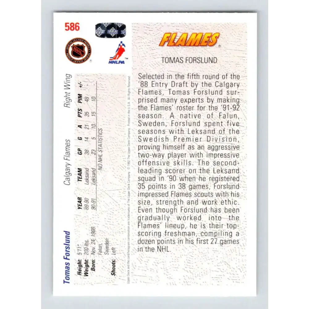 1991-92 Upper Deck #586 Tomas Forslund NM-MT Calgary Flames Hockey Card - Hockey Card Single