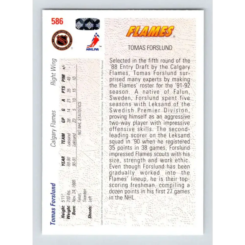 1991-92 Upper Deck #586 Tomas Forslund NM-MT Calgary Flames Hockey Card - Hockey Card Single
