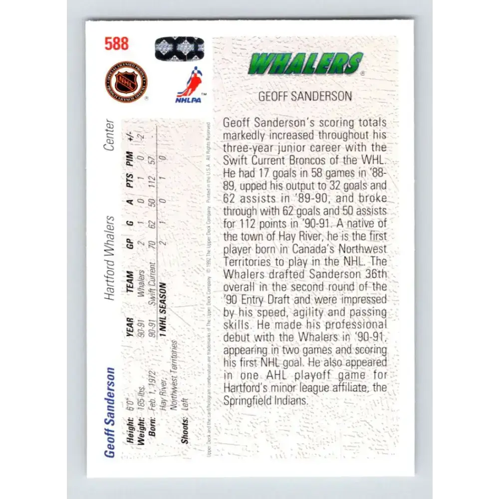 1991-92 Upper Deck #588 Geoff Sanderson NM-MT RC Rookie Hartford Whalers Hockey Card - Hockey Card Single