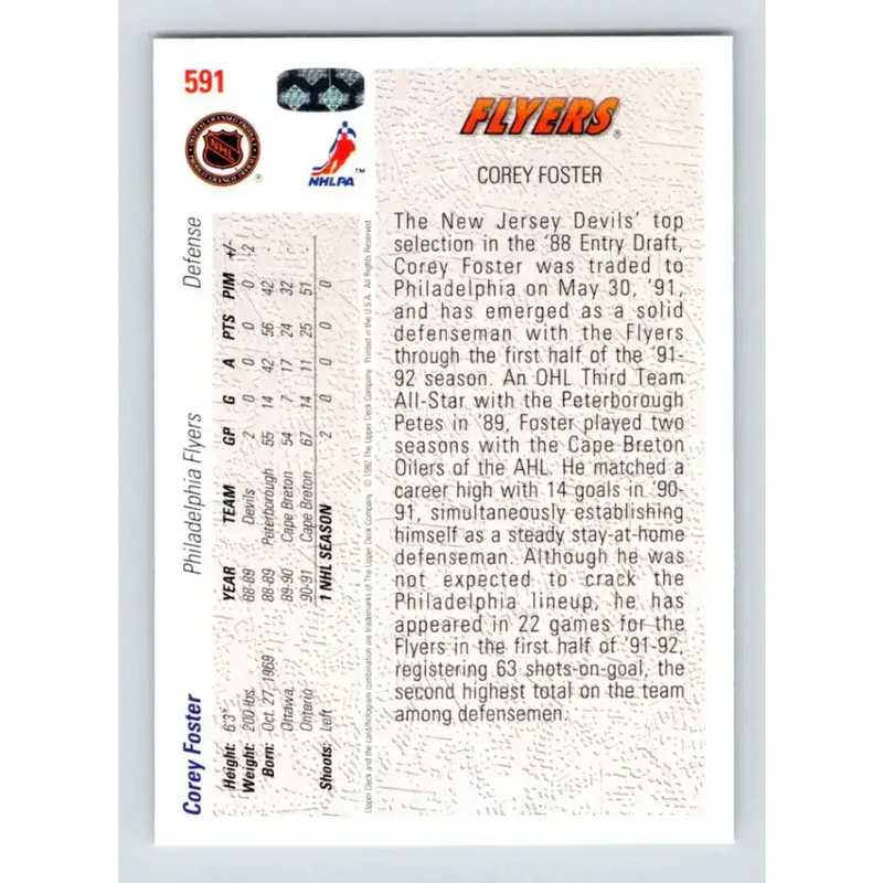 1991-92 Upper Deck #591 Corey Foster NM-MT RC Rookie Philadelphia Flyers Hockey Card - Hockey Card Single
