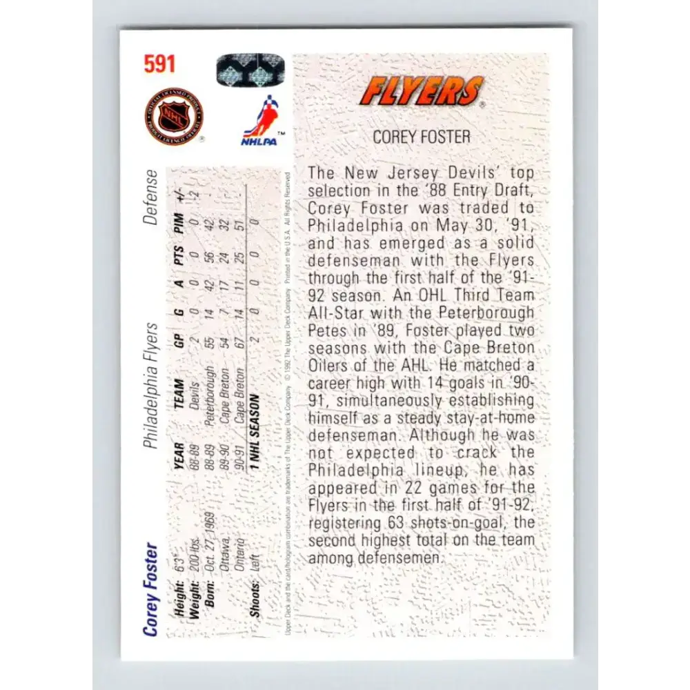 1991-92 Upper Deck #591 Corey Foster NM-MT RC Rookie Philadelphia Flyers Hockey Card - Hockey Card Single