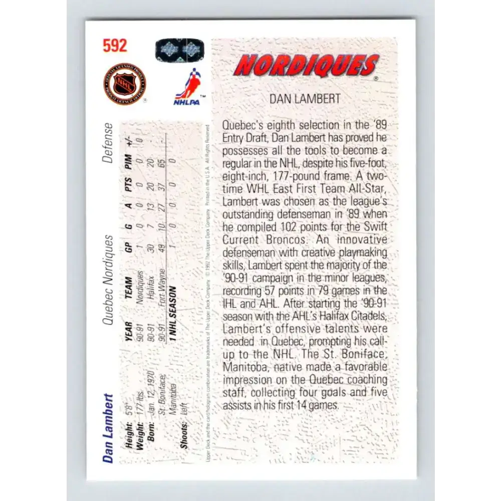 1991-92 Upper Deck #592 Dan Lambert NM-MT RC Rookie Quebec Nordiques Hockey Card - Hockey Card Single