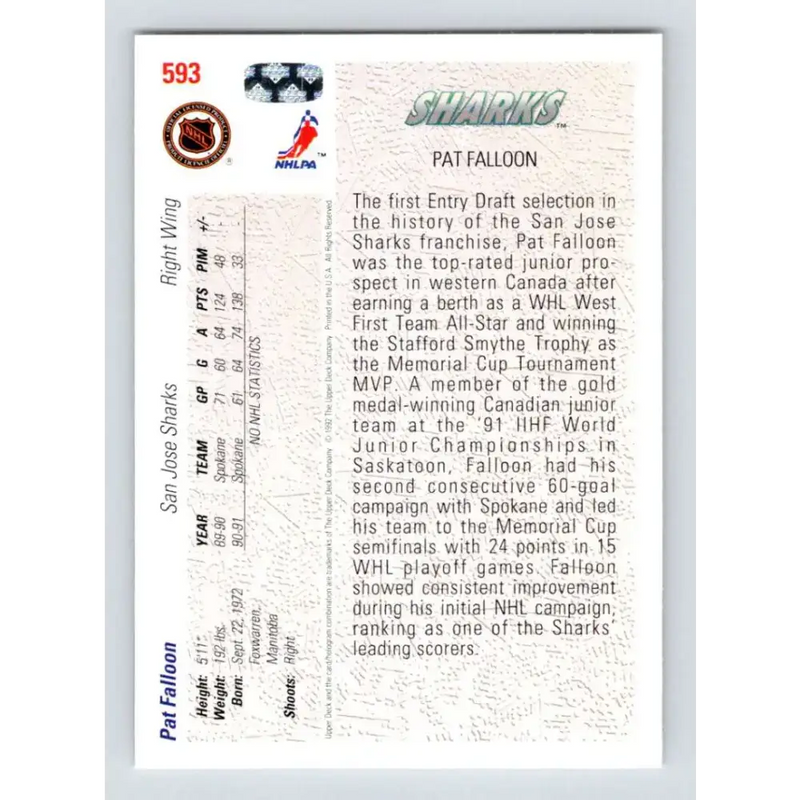 1991-92 Upper Deck #593 Pat Falloon NM-MT San Jose Sharks Hockey Card - Hockey Card Single