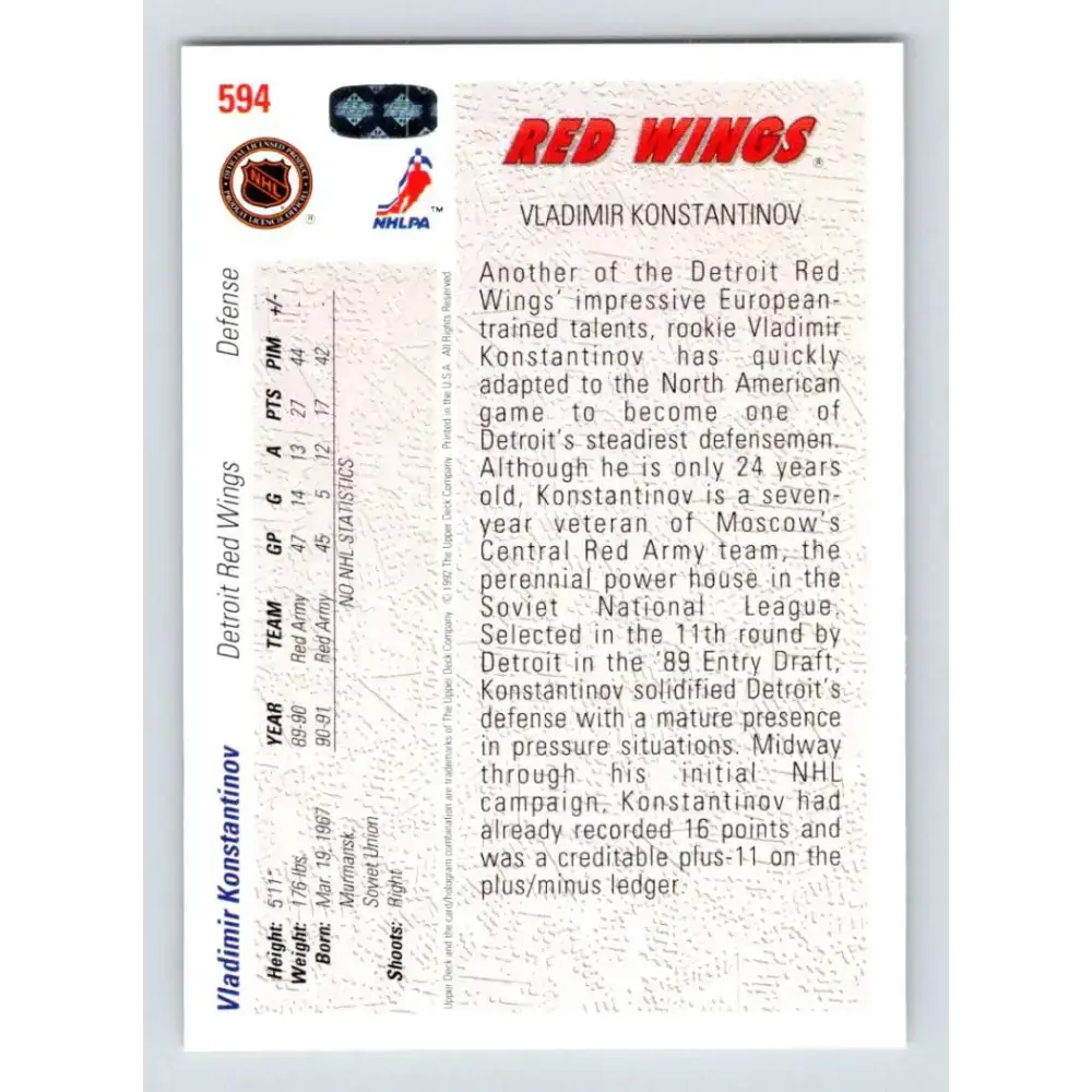 1991-92 Upper Deck #594 Vladimir Konstantinov NM-MT RC Rookie Detroit Red Wings Hockey Card - Hockey Card Single
