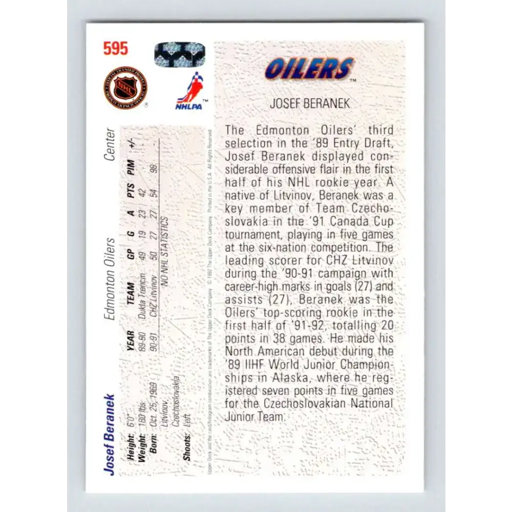 1991-92 Upper Deck #595 Josef Beranek NM-MT Edmonton Oilers Hockey Card