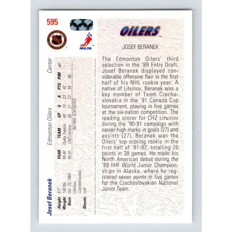 1991-92 Upper Deck #595 Josef Beranek NM-MT Edmonton Oilers Hockey Card
