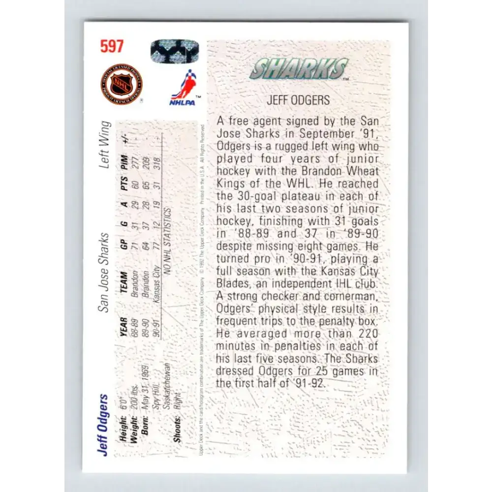 1991-92 Upper Deck #597 Jeff Odgers NM-MT RC Rookie San Jose Sharks Hockey Card - Hockey Card Single