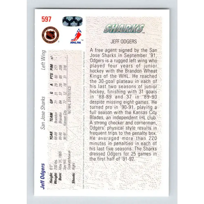1991-92 Upper Deck #597 Jeff Odgers NM-MT RC Rookie San Jose Sharks Hockey Card - Hockey Card Single