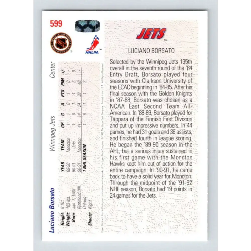 1991-92 Upper Deck #599 Luciano Borsato NM-MT RC Rookie Winnipeg Jets Hockey Card - Hockey Card Single