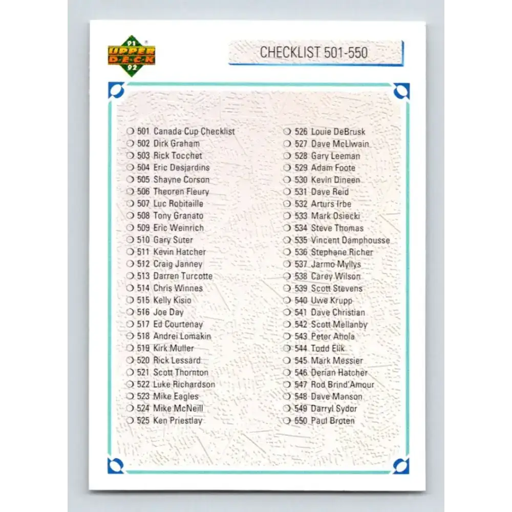 1991-92 Upper Deck #600 Checklist 501-600 NM-MT Hockey Card - Hockey Card Single