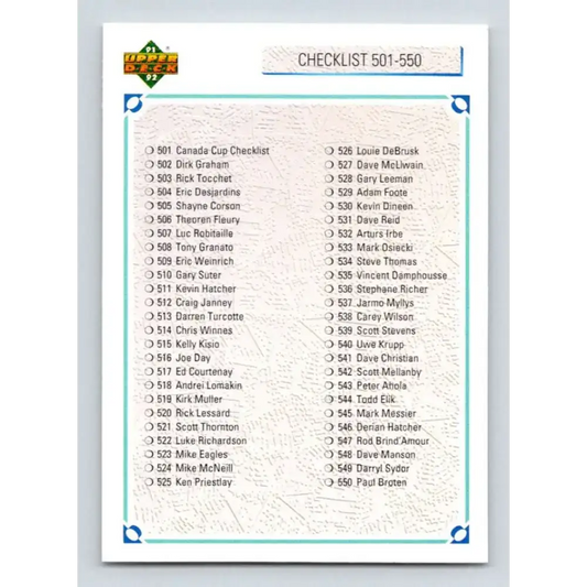 1991-92 Upper Deck #600 Checklist 501-600 NM-MT Hockey Card - Hockey Card Single