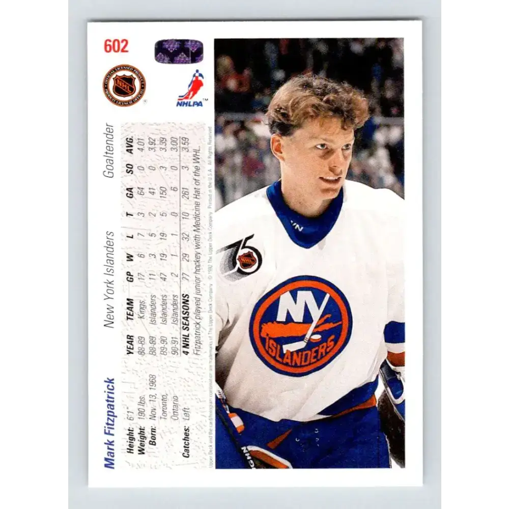 1991-92 Upper Deck #602 Mark Fitzpatrick NM-MT New York Islanders Hockey Card - Hockey Card Single
