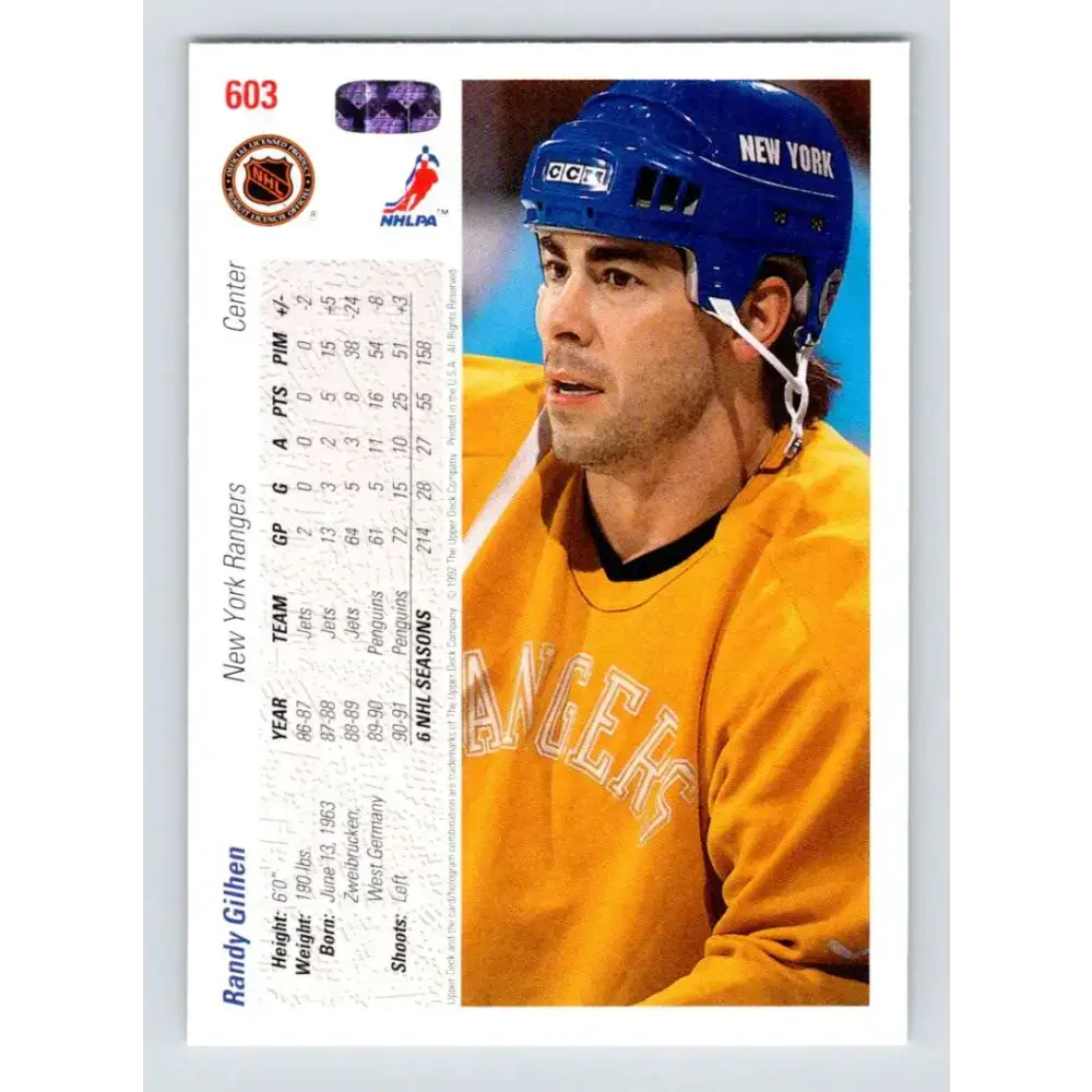 1991-92 Upper Deck #603 Randy Gilhen NM-MT New York Rangers Hockey Card - Hockey Card Single