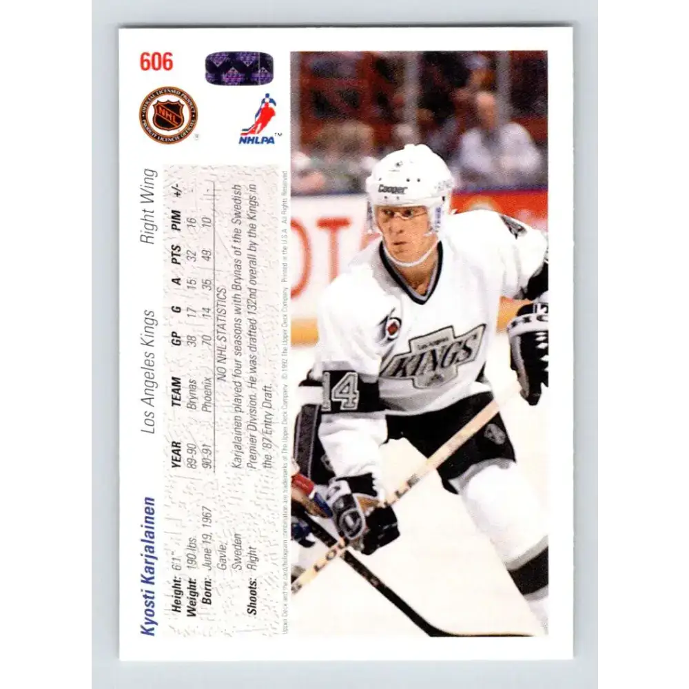 1991-92 Upper Deck #606 Kyosti Karjalainen NM-MT RC Rookie Los Angeles Kings Hockey Card - Hockey Card Single