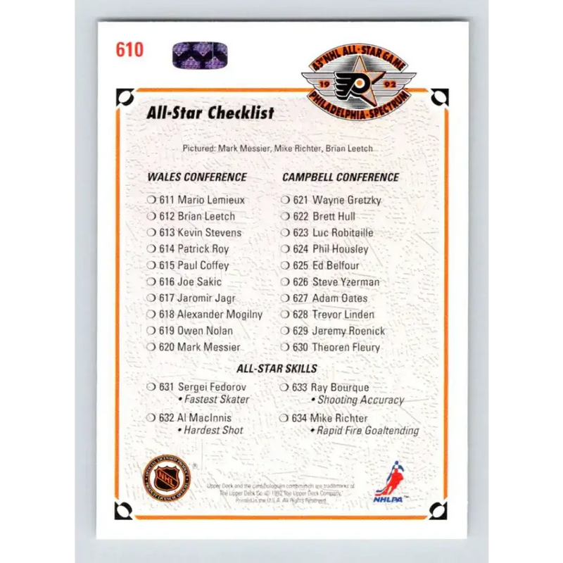 1991-92 Upper Deck #610 Brian Leetch/Mike Richter/Mark Messier AS CL NM-MT New York Rangers Hockey Card - Hockey Card
