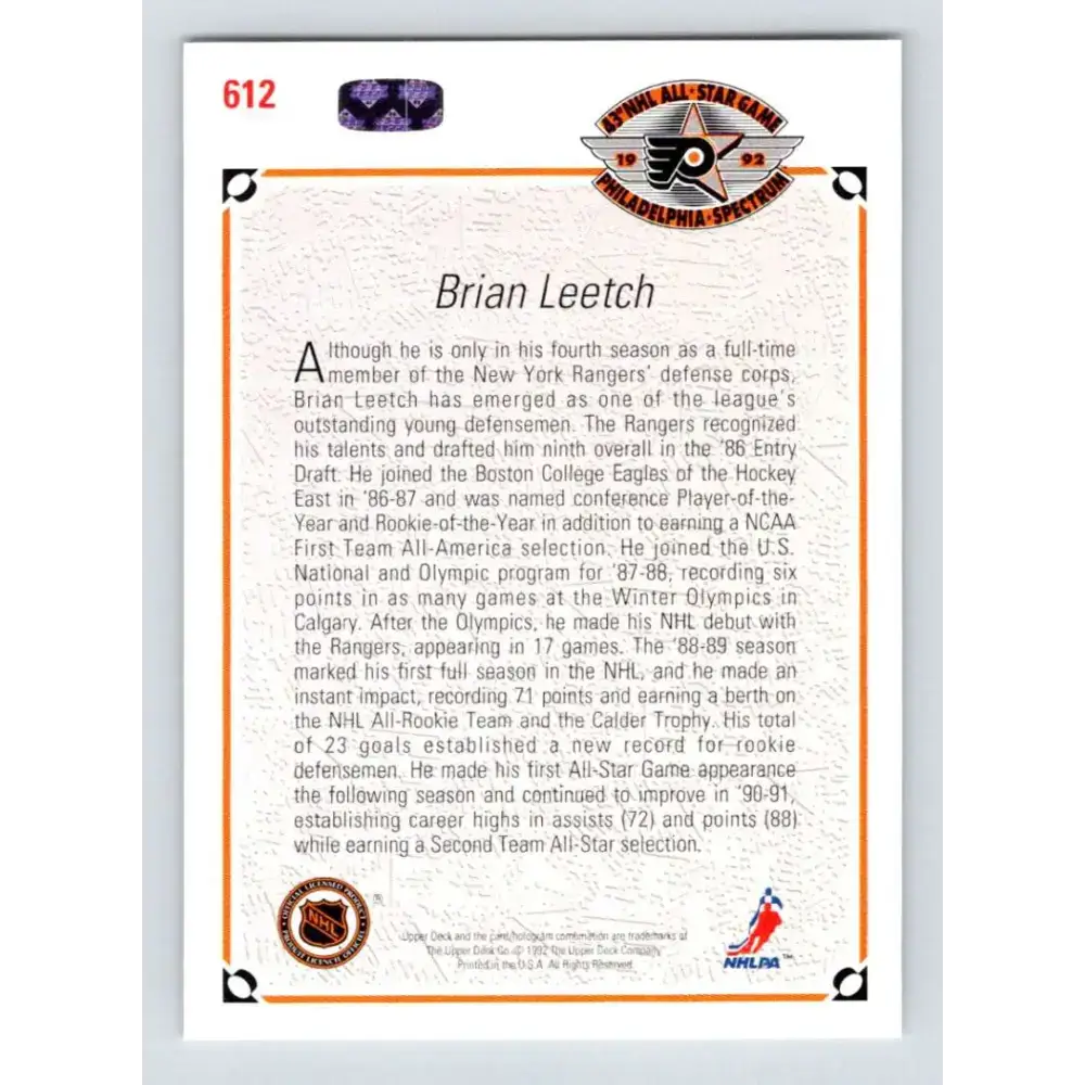 1991-92 Upper Deck #612 Brian Leetch NM-MT New York Rangers Hockey Card - Hockey Card Single