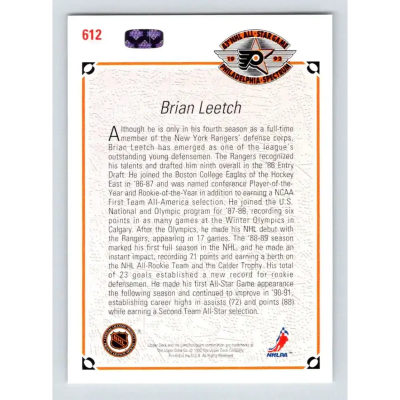 1991-92 Upper Deck #612 Brian Leetch NM-MT New York Rangers Hockey Card - Hockey Card Single