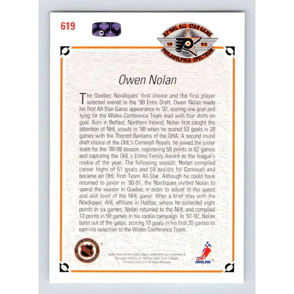 1991-92 Upper Deck #619 Owen Nolan NM-MT Quebec Nordiques Hockey Card - Hockey Card Single
