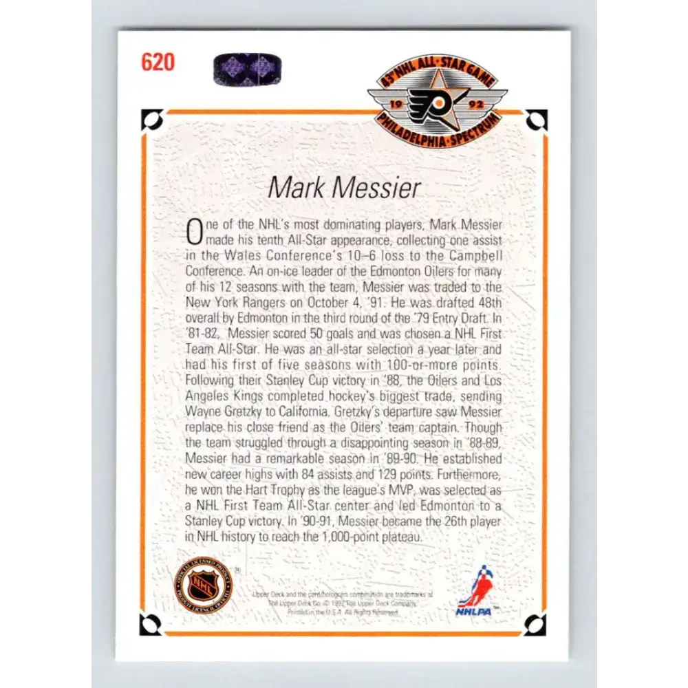 1991-92 Upper Deck #620 Mark Messier NM-MT New York Rangers Hockey Card - Hockey Card Single