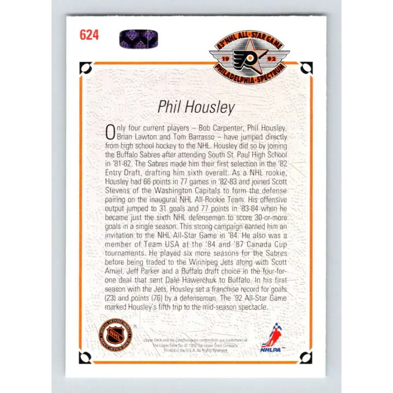 1991-92 Upper Deck #624 Phil Housley NM-MT Winnipeg Jets Hockey Card - Hockey Card Single