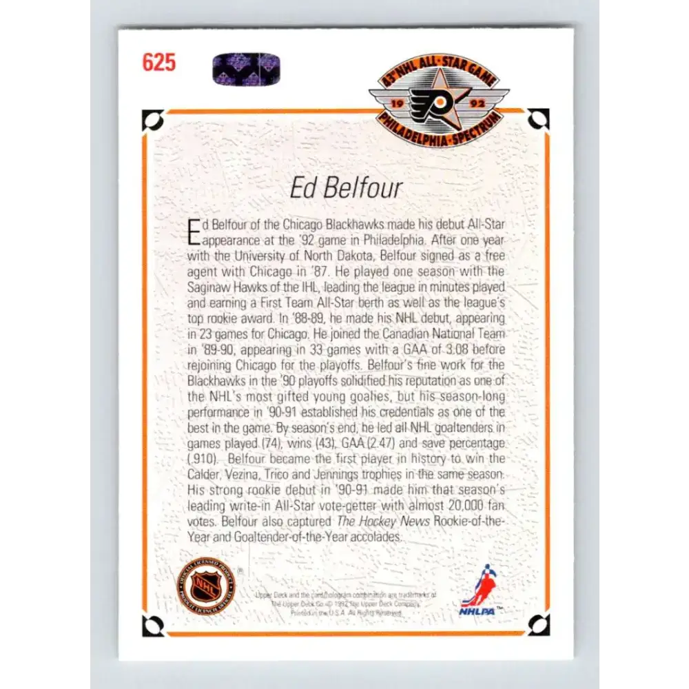 1991-92 Upper Deck #625 Ed Belfour AS NM-MT Chicago Blackhawks Hockey Card - Hockey Card Single