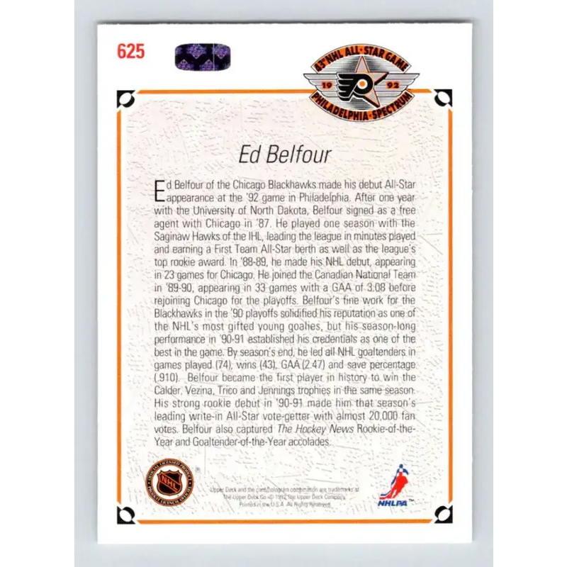 1991-92 Upper Deck #625 Ed Belfour AS NM-MT Chicago Blackhawks Hockey Card - Hockey Card Single
